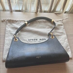 Apede Mod Black Lizard-Embossed Shoulder Bag with Gold Hardware